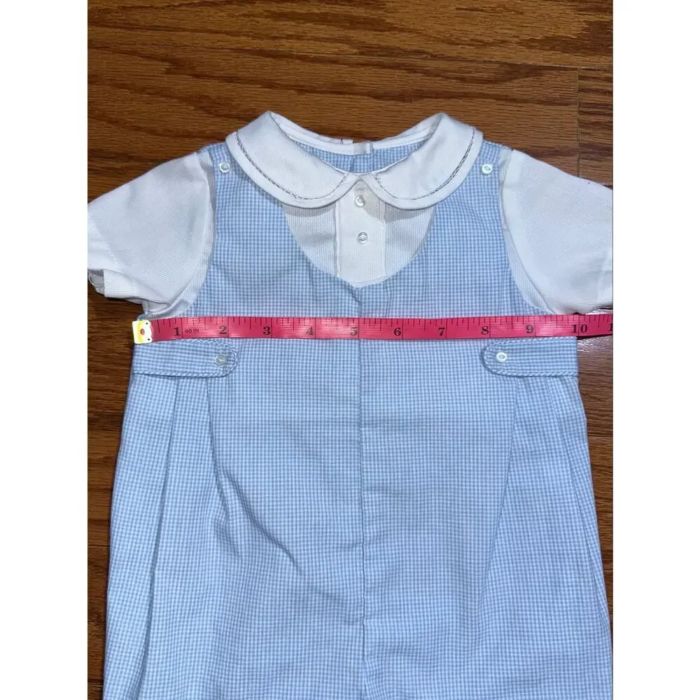 Petit Ami Baby Boys Blue Gingham Side Tab Peter Pan Collar Romper Size Newborn